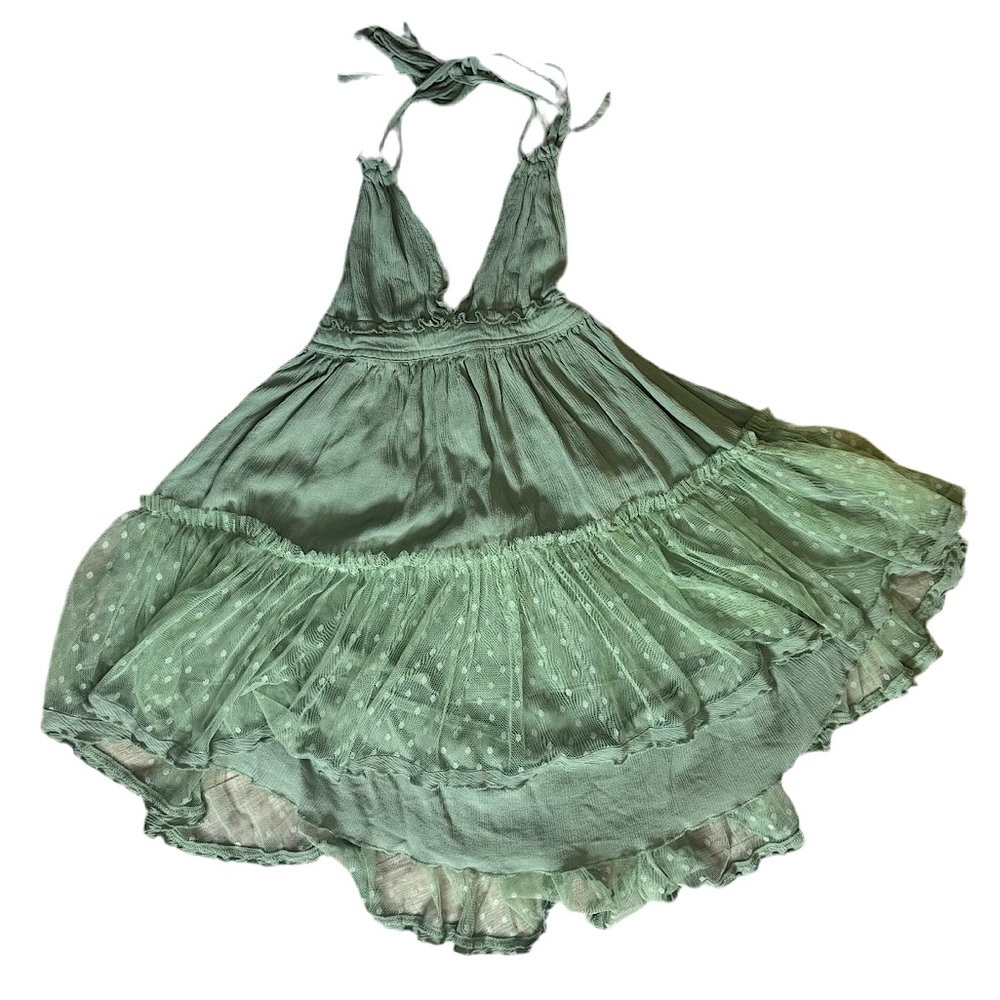 Dress ruffle frilly polka dot hem adjustable tie up Green Halter Dress